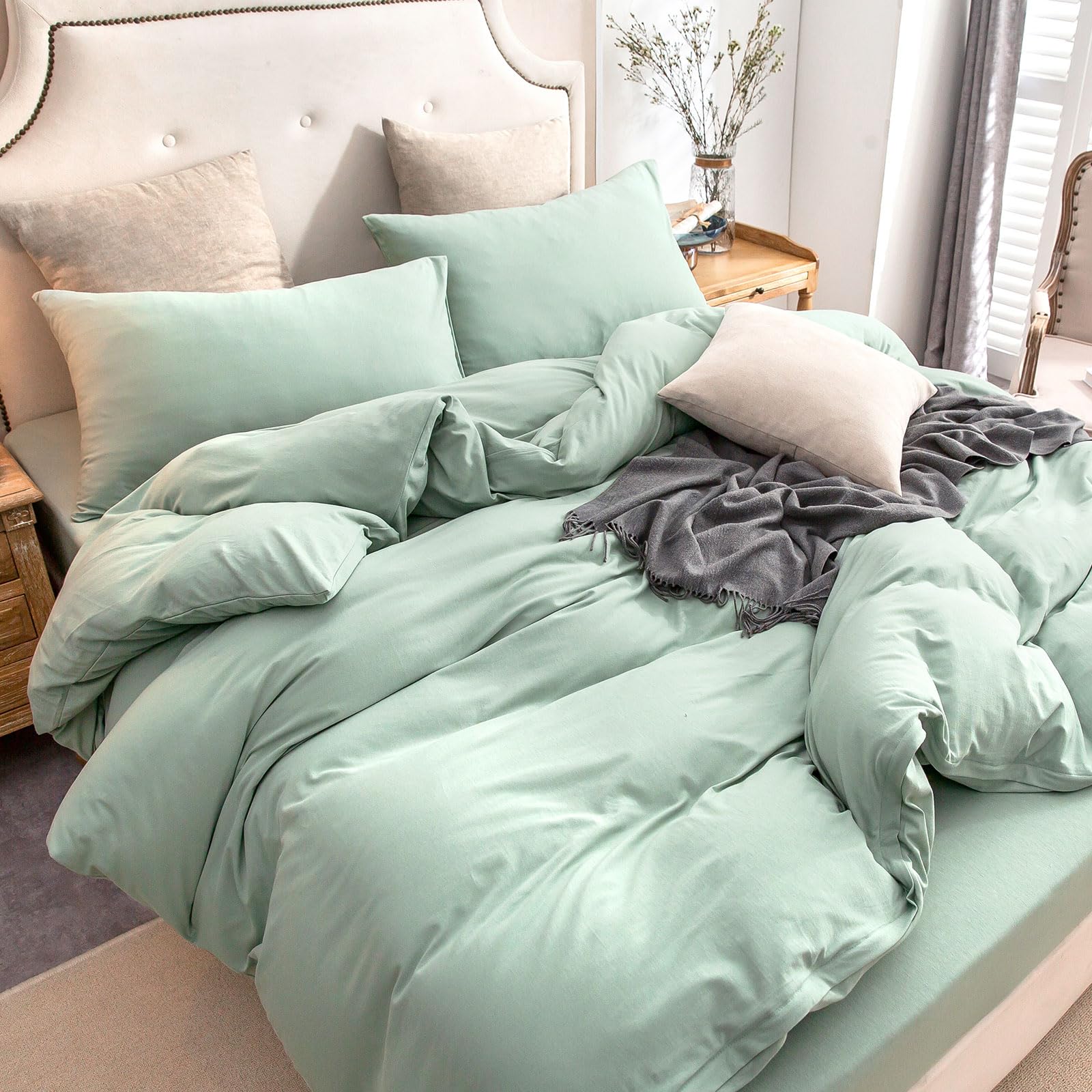 Pure Era Jersey Knit Duvet Cover Set 100% T-Shirt Cotton Super Soft Comfy 3Pc Bedding Set With Zipper Closure (Solid Sage Green,